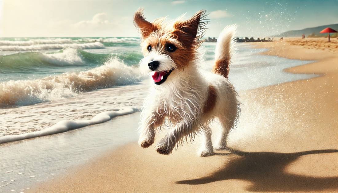 Jack Russell Terrier biegnący po piaszczystej plaży z falami w tle, pełen radości i energii, fotorealistyczny obraz.